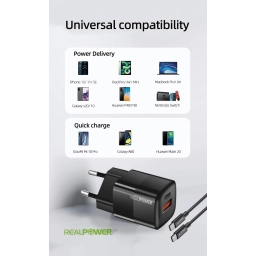 RealPower 33W GAN Siyah Seyahat Hızlı Şarj Aleti + Type-c den Type-c Kablo RP-CG33CB